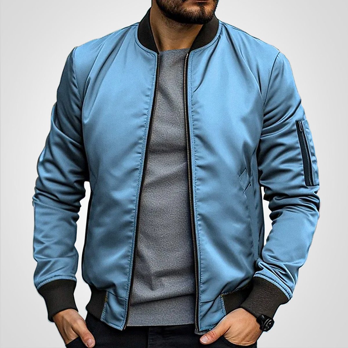 Men's insulated bomber jacket featuring a zip pocket, designed for winter warmth with a classic flight coat style. 5