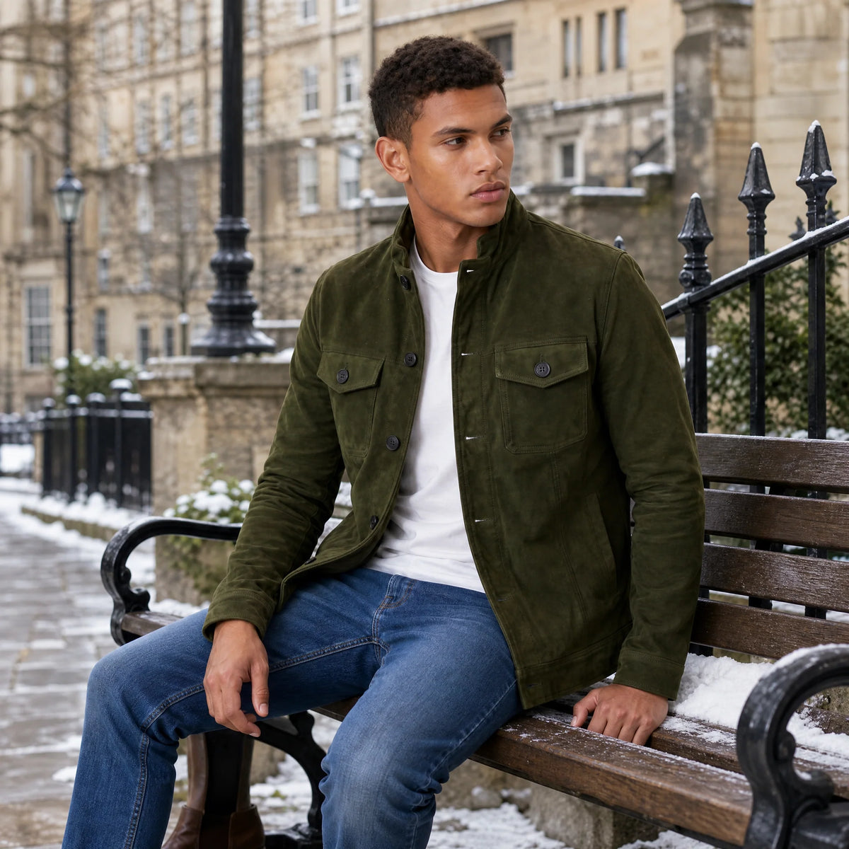 Men's jacket featuring a button closure and stand-up collar, designed in a synthetic suede-look with a regular fit, perfect for a stylish and comfortable look 1