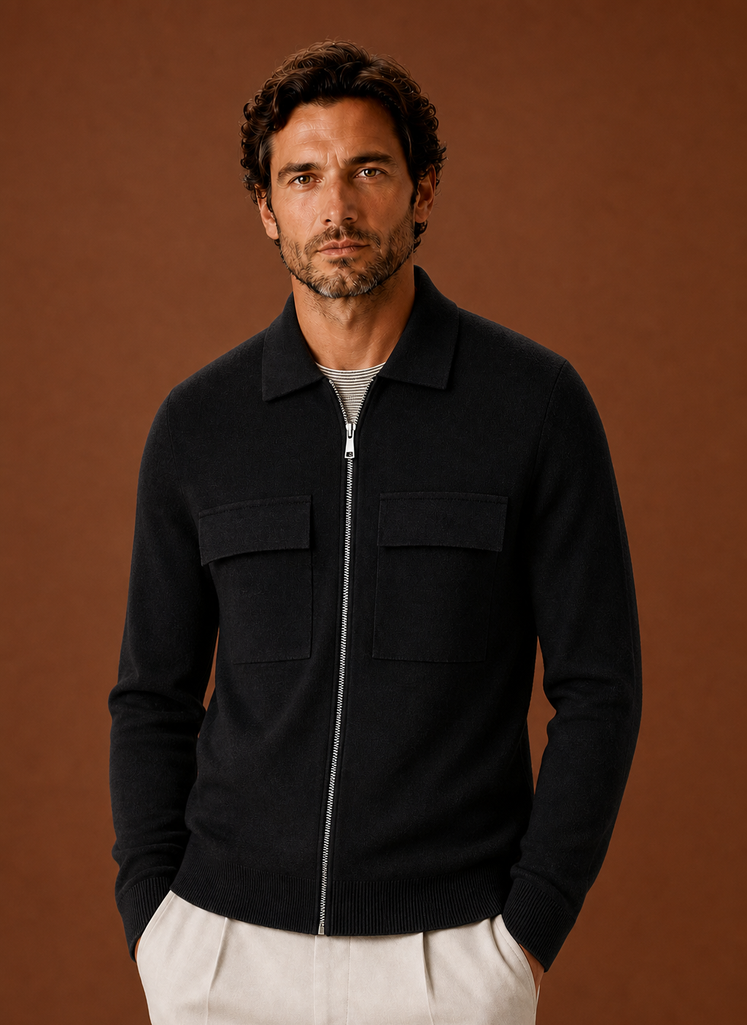 Men's premium knit smart casual overshirt featuring a full-zip closure and chest pockets, ideal for stylish layering in any season. 0
