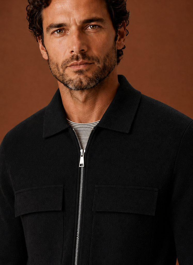 Men's premium knit smart casual overshirt featuring a full-zip closure and chest pockets, ideal for stylish layering in any season. 1