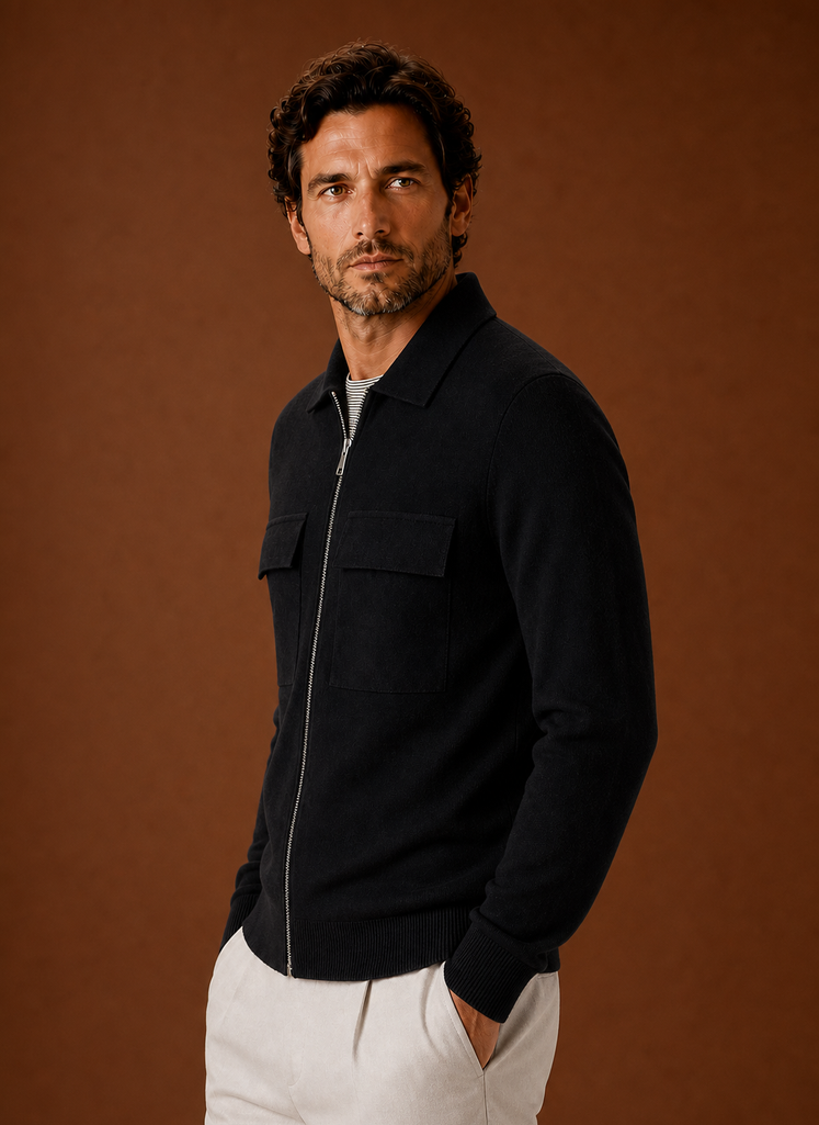 Men's premium knit smart casual overshirt featuring a full-zip closure and chest pockets, ideal for stylish layering in any season. 3