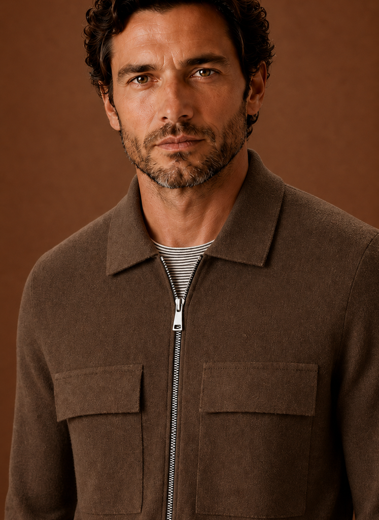 Men's premium knit smart casual overshirt featuring a full-zip closure and chest pockets, ideal for stylish layering in any season. 6