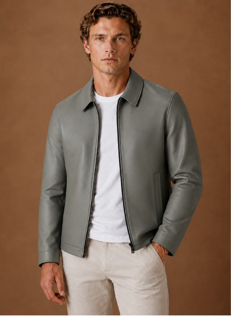 Men's jacket featuring a full-zip closure and side pockets, designed with a classic leather look for a stylish and versatile outerwear option. 0