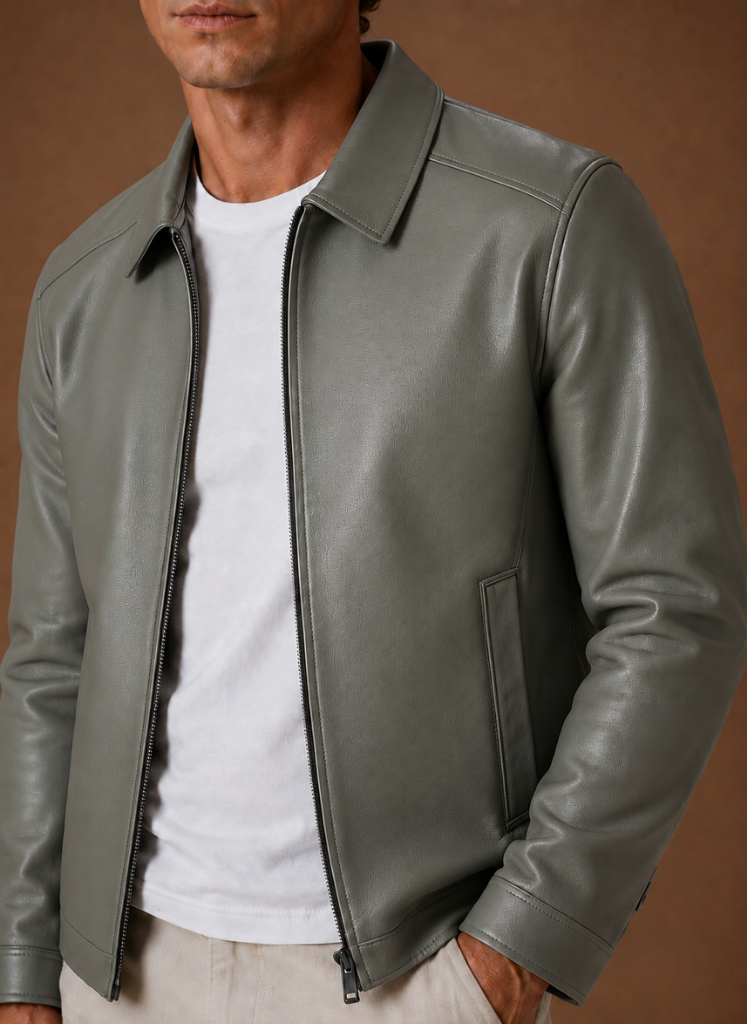 Men's jacket featuring a full-zip closure and side pockets, designed with a classic leather look for a stylish and versatile outerwear option. 1