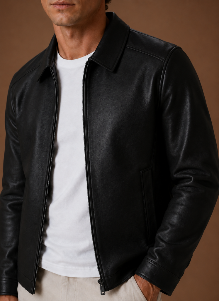 Men's jacket featuring a full-zip closure and side pockets, designed with a classic leather look for a stylish and versatile outerwear option. 5