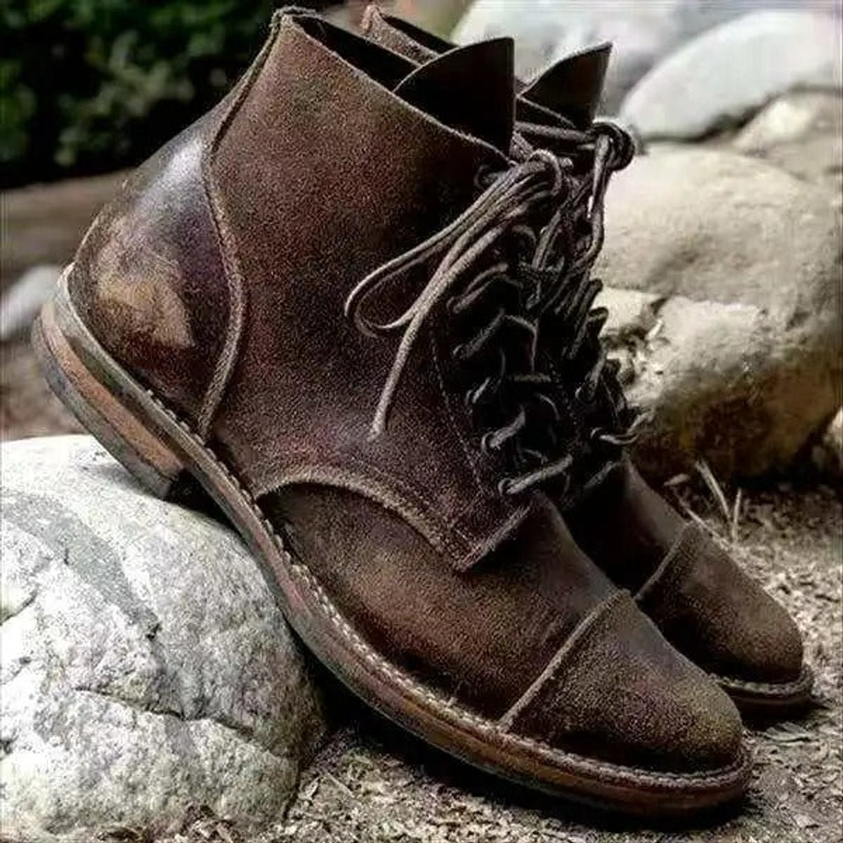Men's leather ankle boots featuring a classic cap-toe design, lace-up closure, durable PU upper, and rugged rubber sole for enhanced traction and comfort 3