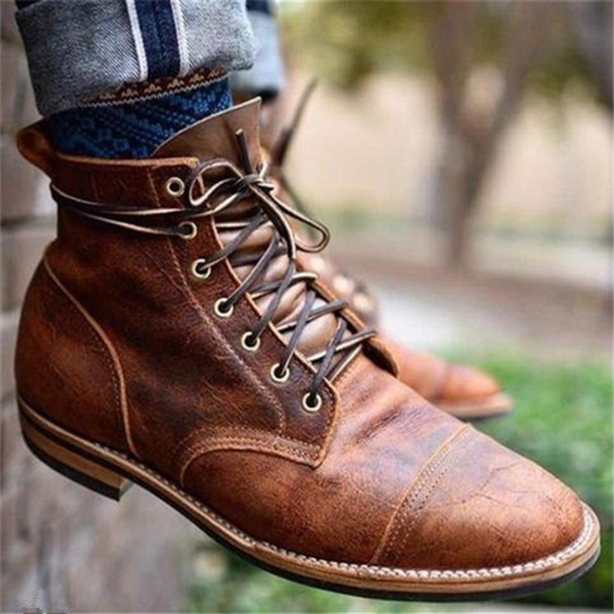 Men's leather ankle boots featuring a classic cap-toe design, lace-up closure, durable PU upper, and rugged rubber sole for enhanced traction and comfort 4