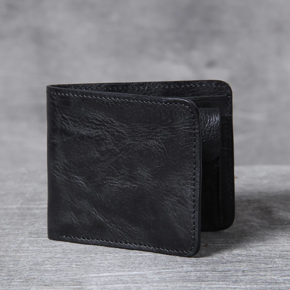 Men's leather wallet featuring a slim bi-fold design, durable cowhide material, and a convenient snap coin pocket, ideal for stylish and organized storage. 9