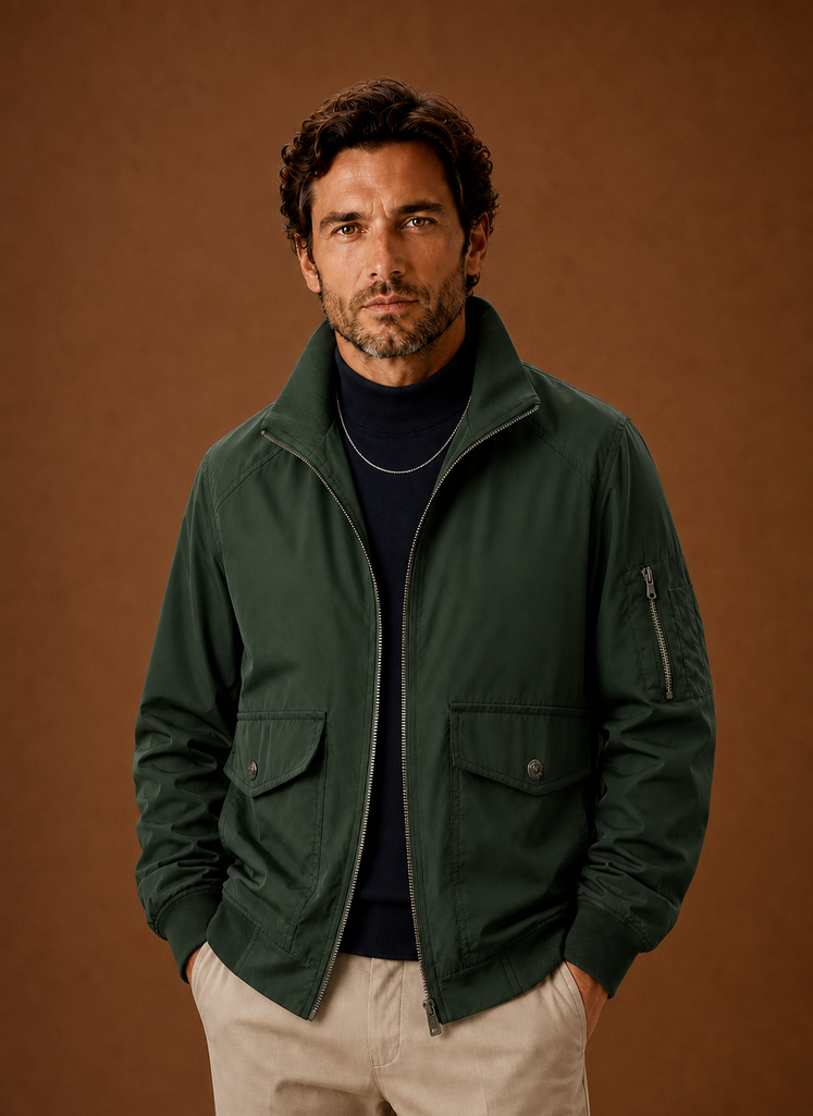 Men's lightweight bomber jacket featuring a stand collar and full-zip front, perfect for casual layering in spring and autumn. 1