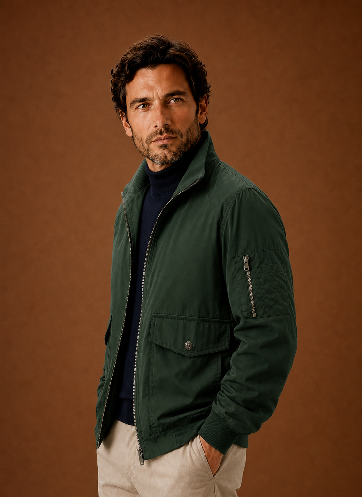 Men's lightweight bomber jacket featuring a stand collar and full-zip front, perfect for casual layering in spring and autumn. 7