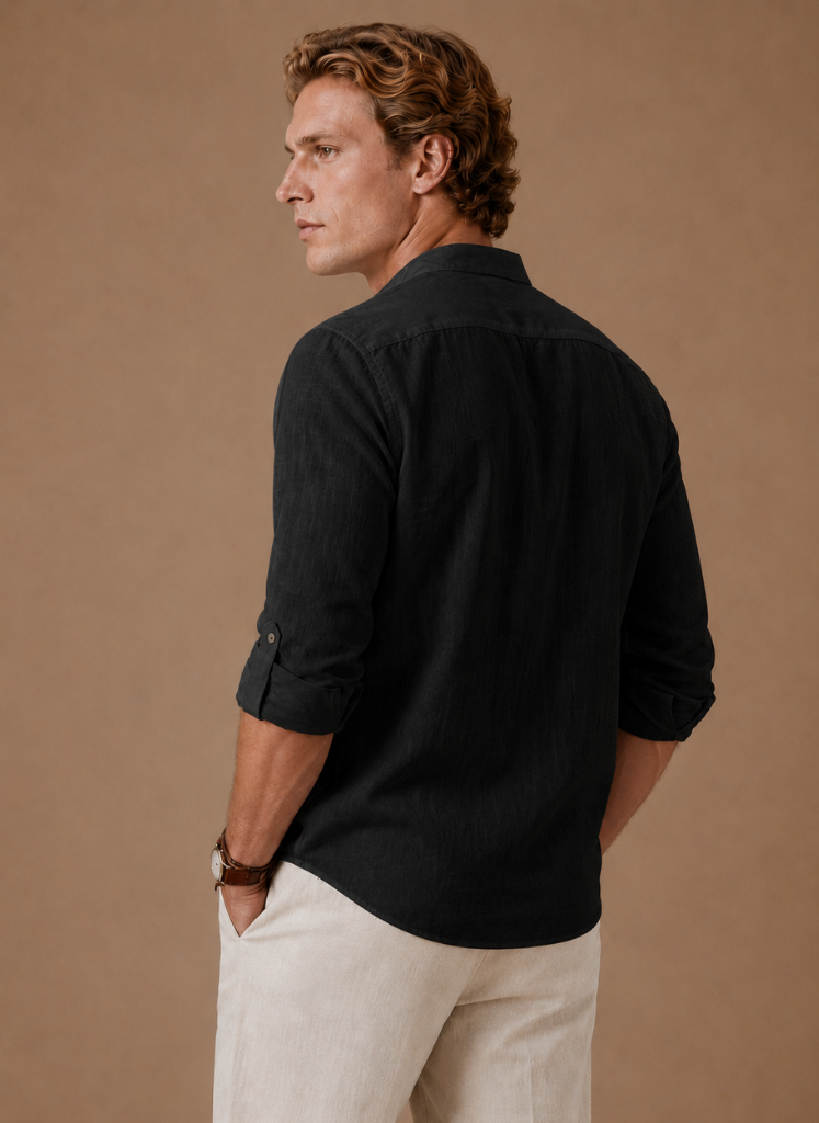 Men's Linen Shirt with Grandad Collar in relaxed fit, ideal for casual wear; made from lightweight, breathable fabric for ultimate comfort. 5