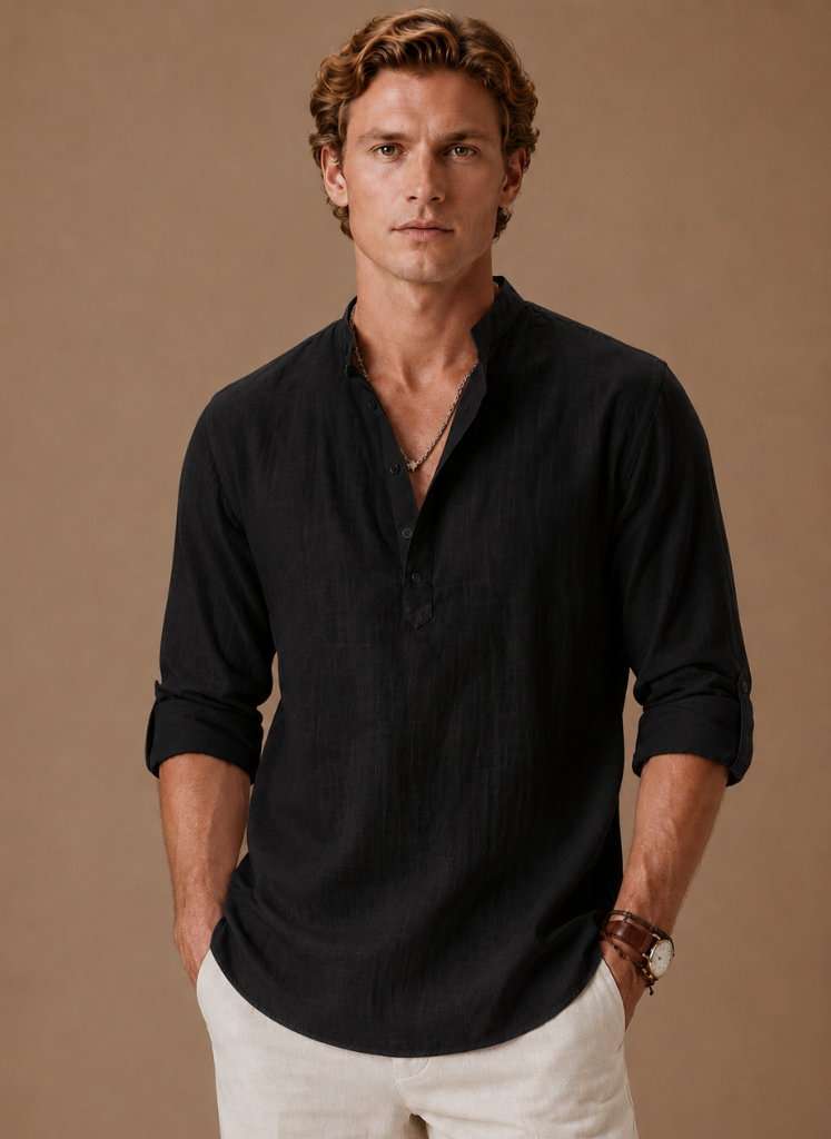 Men's Linen Shirt with Grandad Collar in relaxed fit, ideal for casual wear; made from lightweight, breathable fabric for ultimate comfort. 6