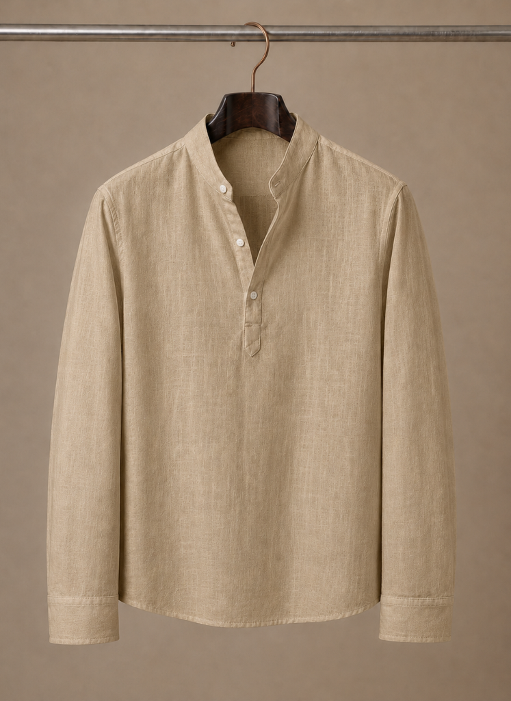 Men's Linen Shirt with Grandad Collar in relaxed fit, ideal for casual wear; made from lightweight, breathable fabric for ultimate comfort. 8