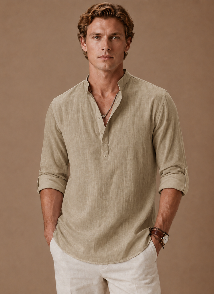 Men's Linen Shirt with Grandad Collar in relaxed fit, ideal for casual wear; made from lightweight, breathable fabric for ultimate comfort. 9
