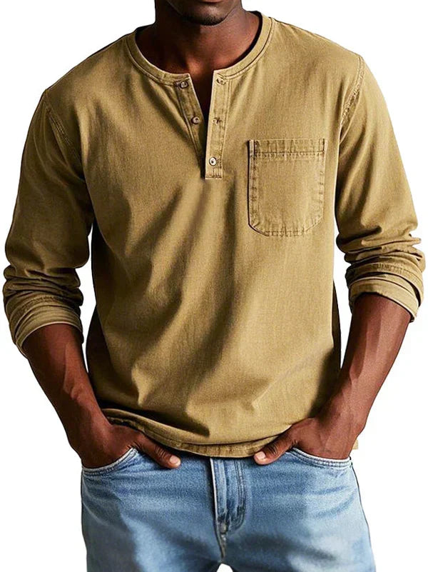 Men's long-sleeve henley shirt featuring a classic neckline, designed for casual fit and everyday comfort, available in various sizes. 6