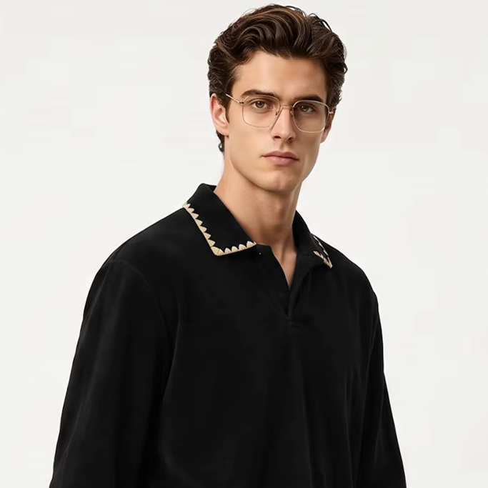 Men's long sleeve t-shirt with a stylish folded collar, made from 360gsm cotton, available in black and khaki, perfect for casual wear 1