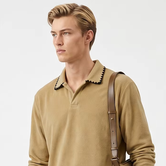 Men's long sleeve t-shirt with a stylish folded collar, made from 360gsm cotton, available in black and khaki, perfect for casual wear 6