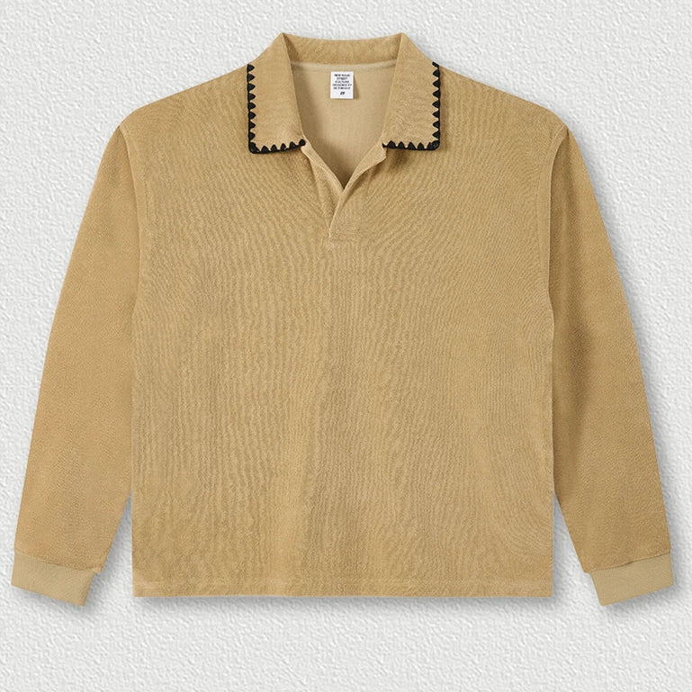 Men's long sleeve t-shirt with a stylish folded collar, made from 360gsm cotton, available in black and khaki, perfect for casual wear 8
