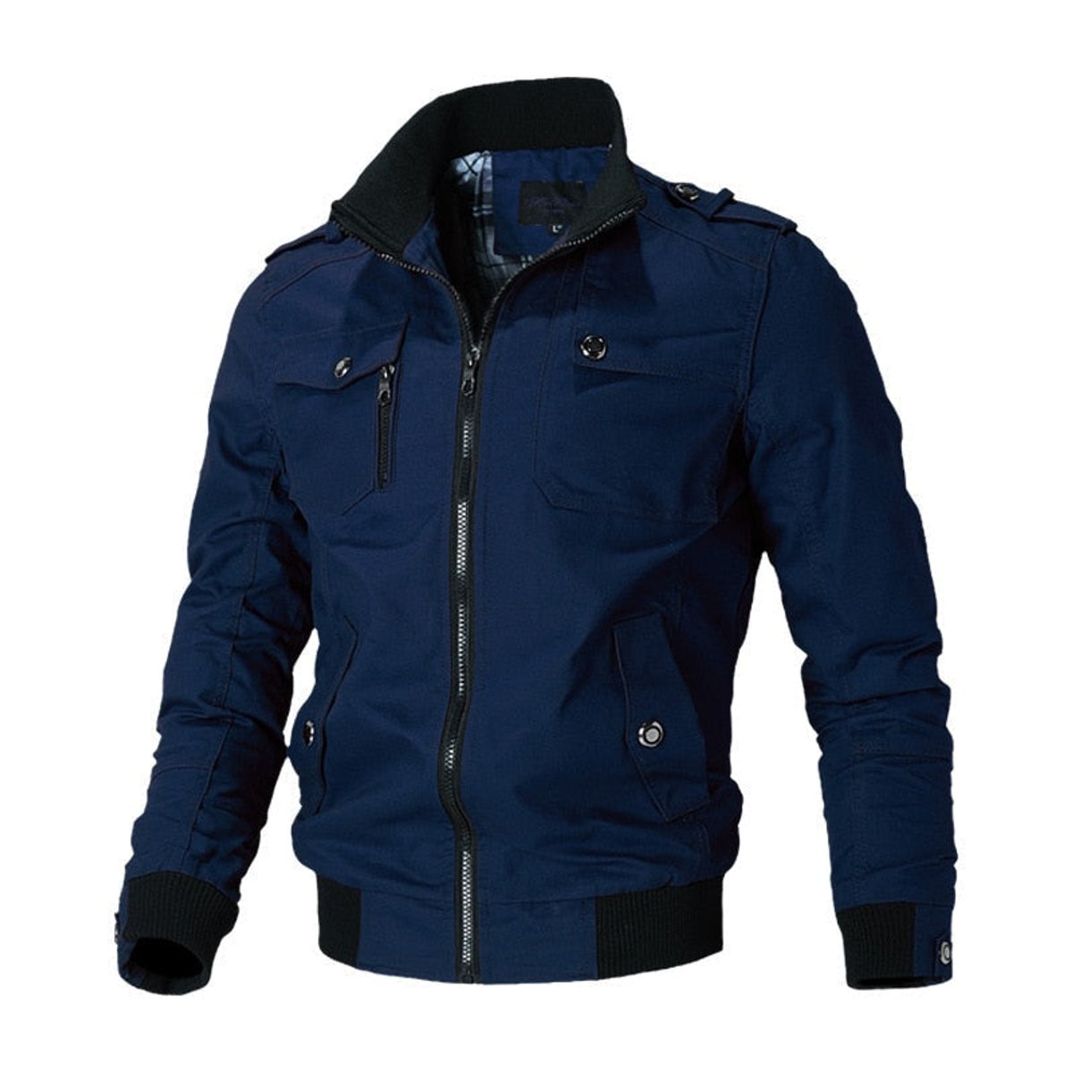 Men's military-style bomber jacket featuring a multi-pocket design, casual zip-up closure, and crafted from a durable polyester blend. Perfect for stylish outdoor wear 4