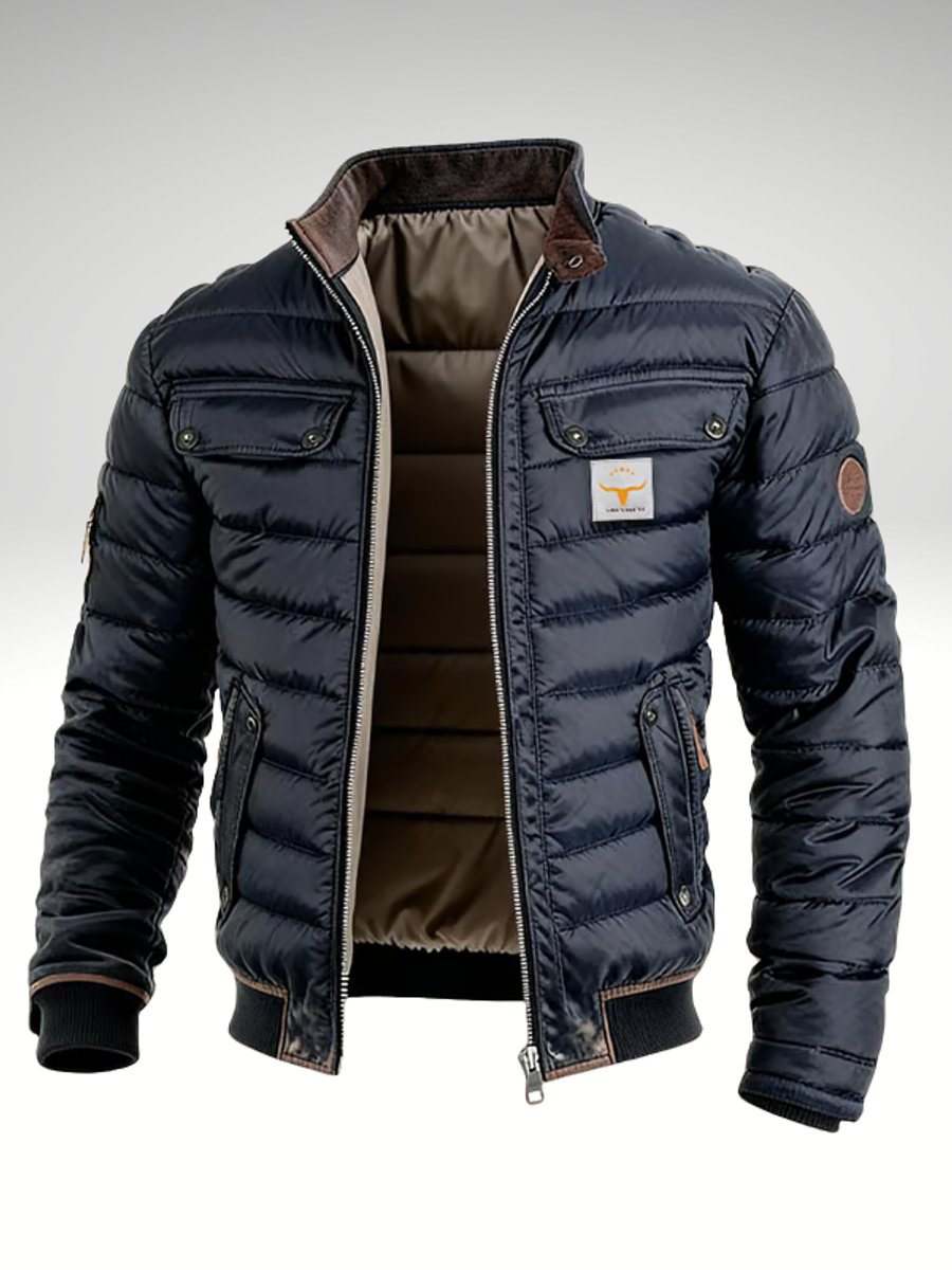 Men's puffer jacket featuring a stand collar and full-zip closure, designed for warmth and style with a quilted finish, perfect for winter wear 0