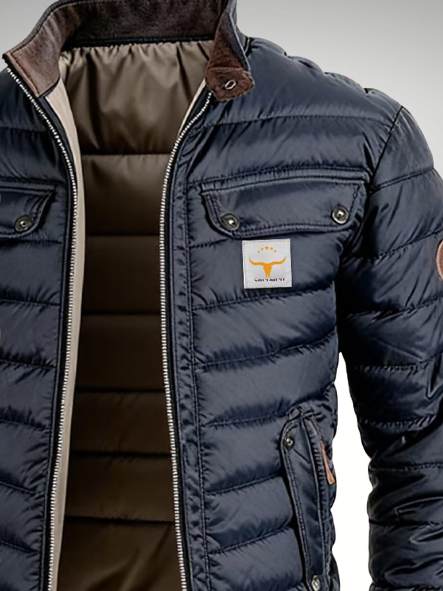 Men's puffer jacket featuring a stand collar and full-zip closure, designed for warmth and style with a quilted finish, perfect for winter wear 2