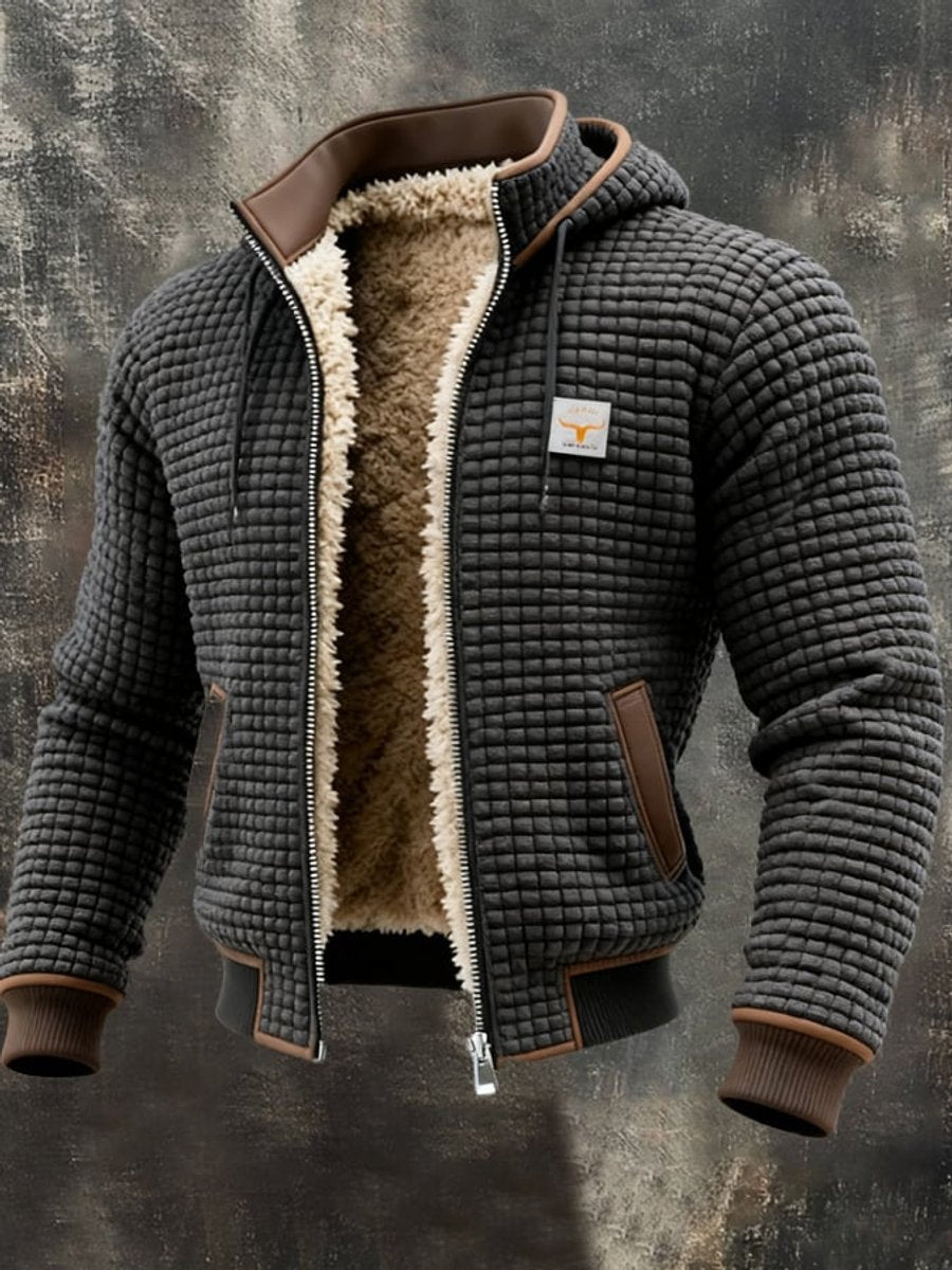 Men's quilted jacket featuring a cozy sherpa fleece lining and an adjustable hood, designed for warmth and style in winter outerwear. 0