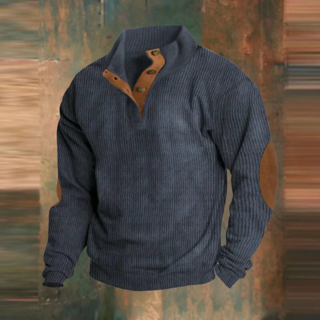 Men's ribbed pullover sweater featuring a stylish collar button placket, perfect for casual outings and comfortable layering. 1
