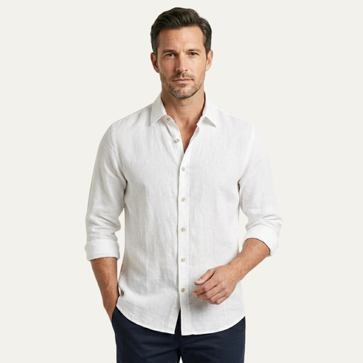 Men's slim fit long sleeve shirt made from smooth woven fabric, suitable for both casual and formal occasions, available in black, white, and sage grey 1