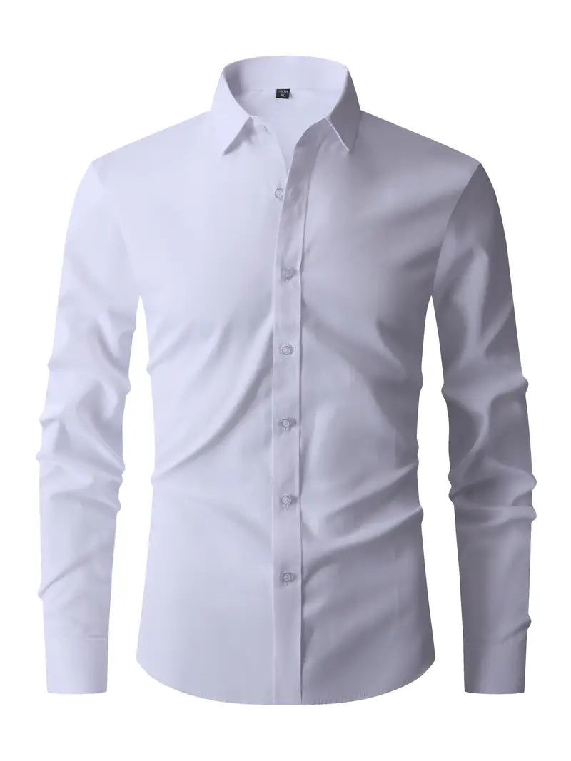 Men's slim fit shirt featuring a sleek button closure, designed for modern versatility suitable for both work and casual wear. 0
