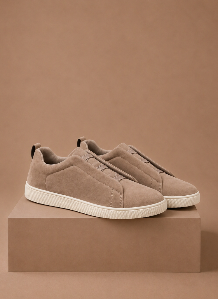 Men's beige suede sneakers slip-on featuring elastic details for comfort, perfect for casual wear and stylish outfits. 0