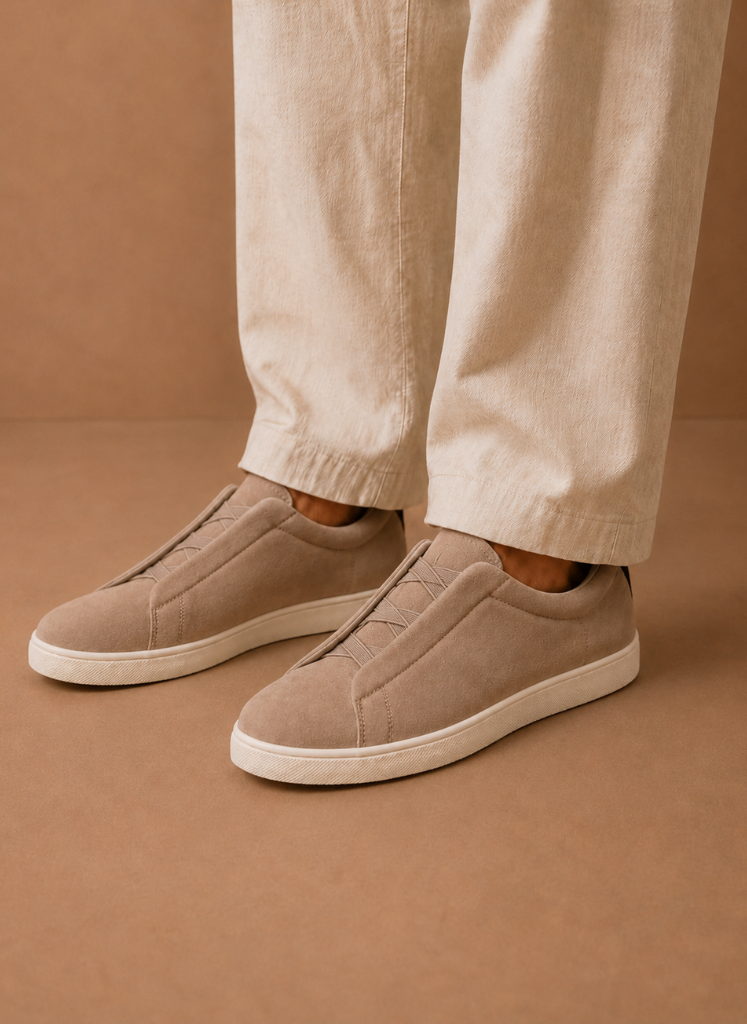 Men's beige suede sneakers slip-on featuring elastic details for comfort, perfect for casual wear and stylish outfits. 1