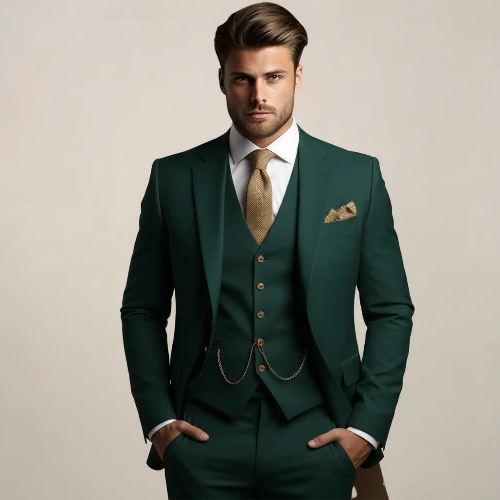 Men's three-piece suit set featuring a tailored fit, designed for lightweight comfort in spring, ideal for weddings and groomsmen. 4