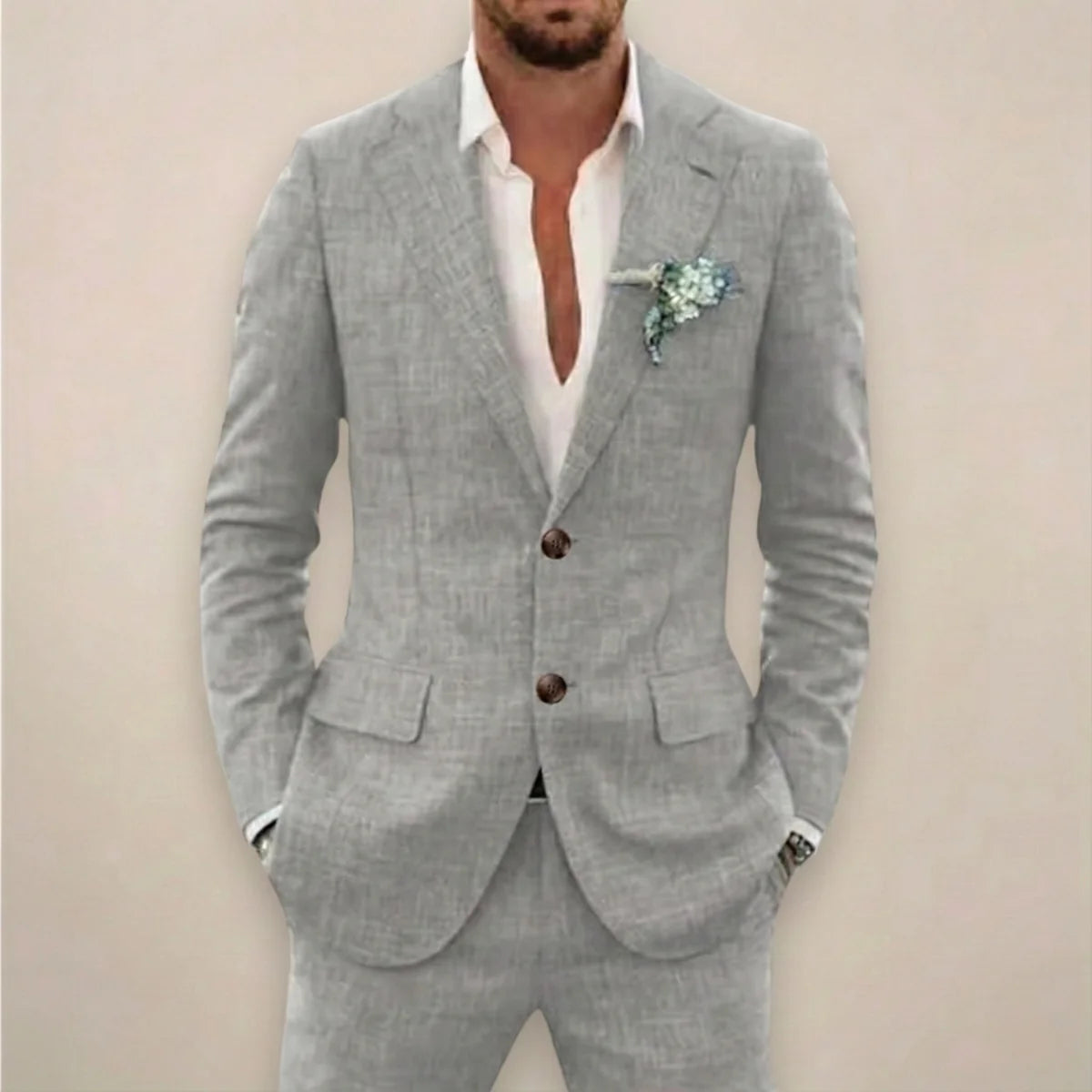 Men's two-piece single-breasted suit set in tailored fit, perfect for fall and winter, featuring a stylish jacket and matching trousers in a classic 4