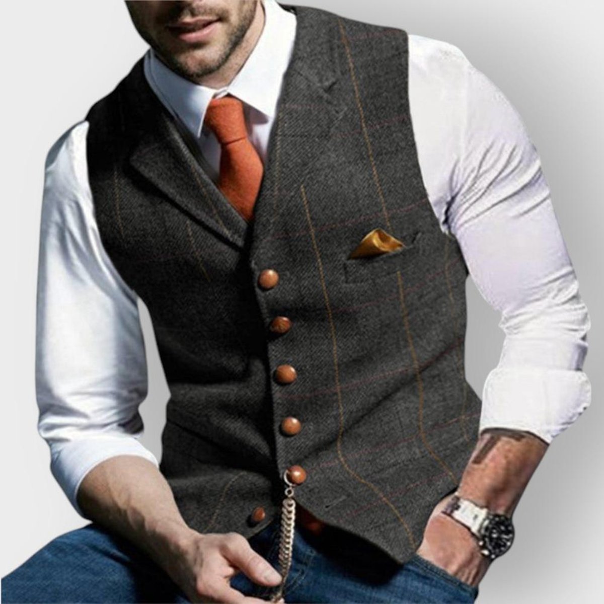 Men's tailored slim-fit herringbone tweed vest gilet featuring stylish wooden buttons, perfect for smart casual or formal wear. 2