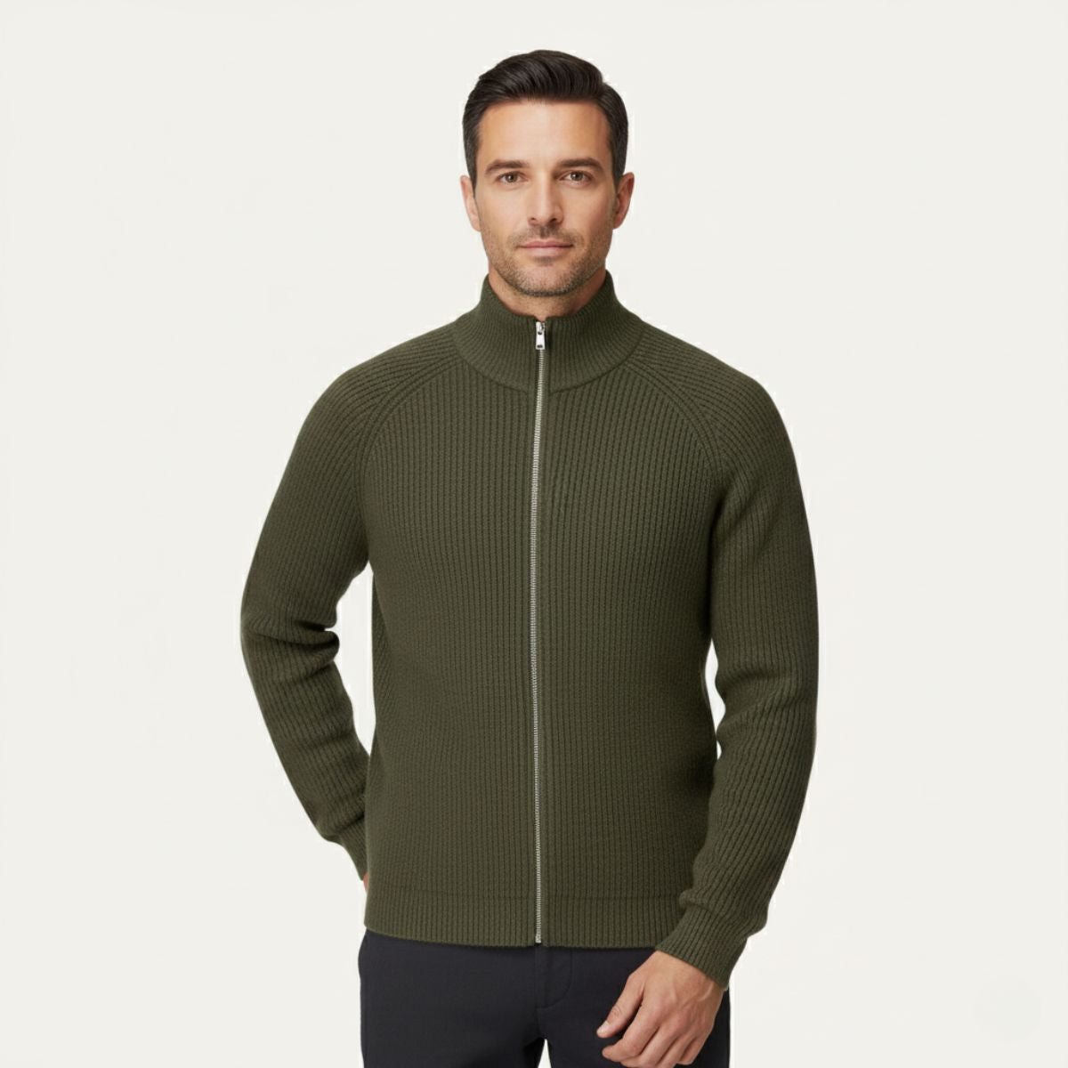 Men's zip-up cardigan featuring a mock neck design, crafted from soft stretch knit fabric, available in black and grey colors. 8