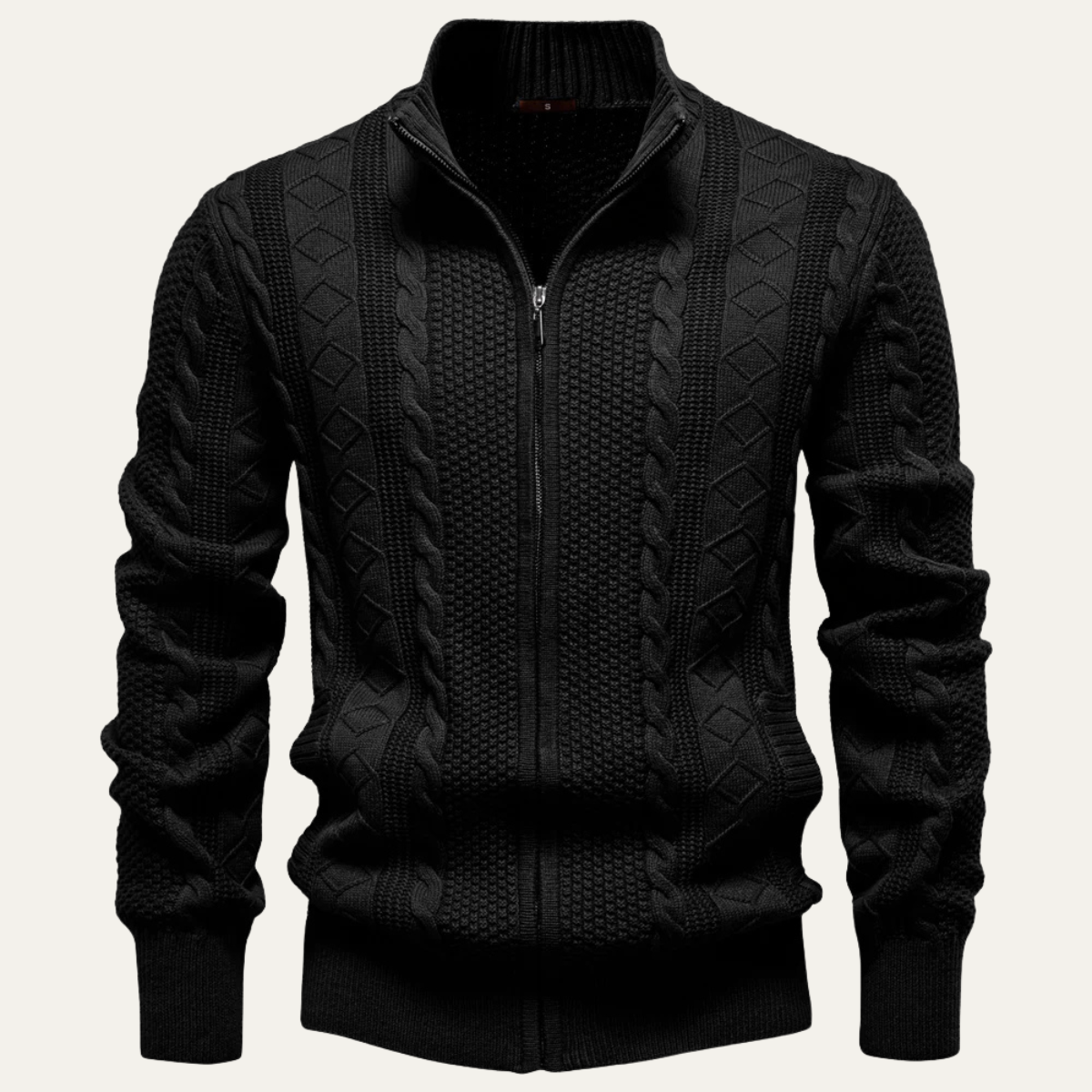 Men's zip up cardigan in soft black knit featuring a stylish stand collar and intricate cable knit design, perfect for layering in cooler weather. 0