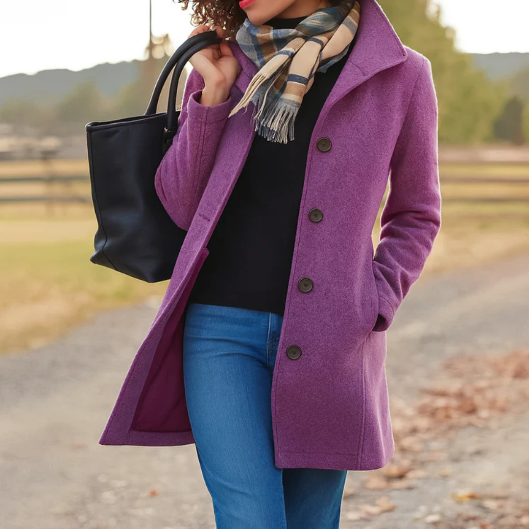 Mid length wool coat for women featuring a high collar, made from warm wool-blend fabric, designed for an elegant fit above the knee. 1