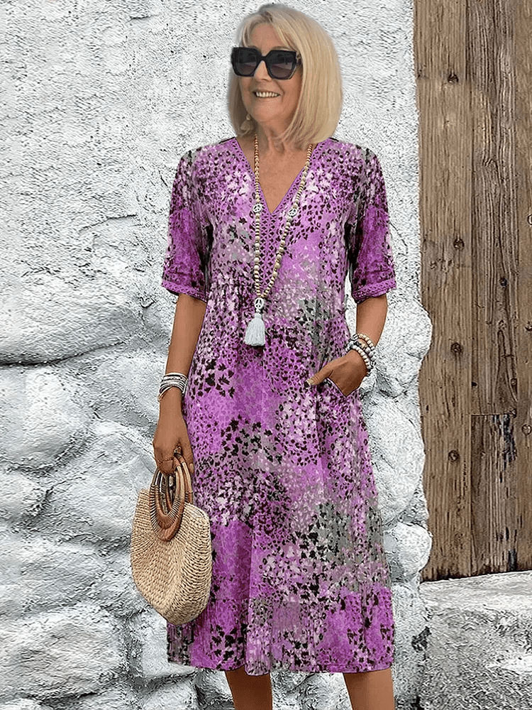 Midi Dress with Abstract Print and Lace V-Neck – Soft Breathable Casual Style with Side Pockets 4