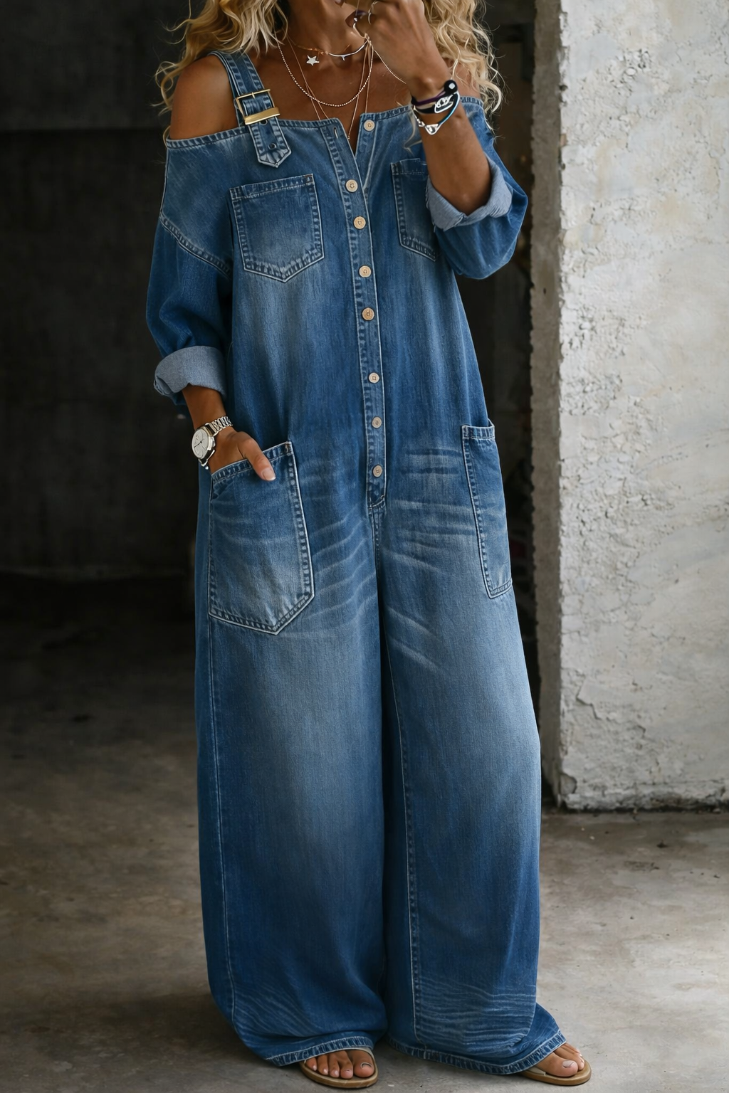 Off Shoulder Jumpsuit with Square Neckline – Cowboy Printed Imitation Denim 3