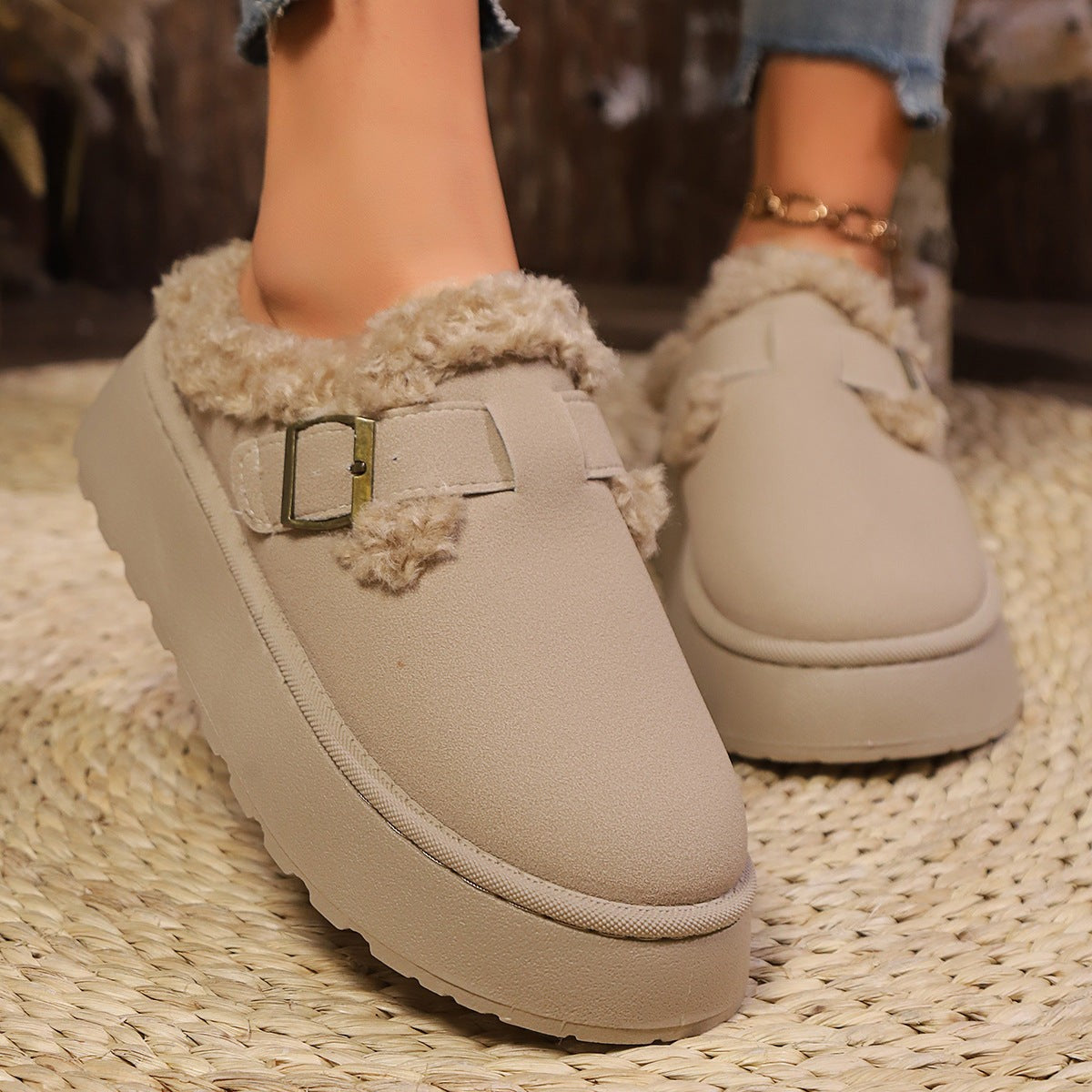 Platform slipper boots for women featuring a plush lining, available in khaki, brown, or black, with a stylish suede-look and ankle height design. 0
