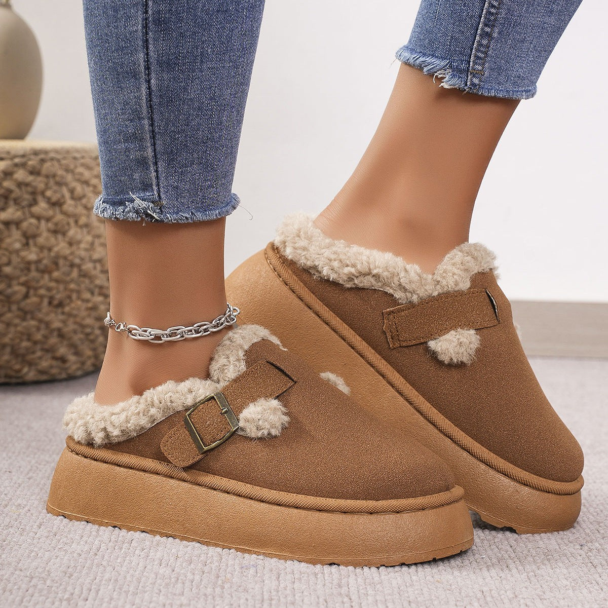Platform slipper boots for women featuring a plush lining, available in khaki, brown, or black, with a stylish suede-look and ankle height design. 1