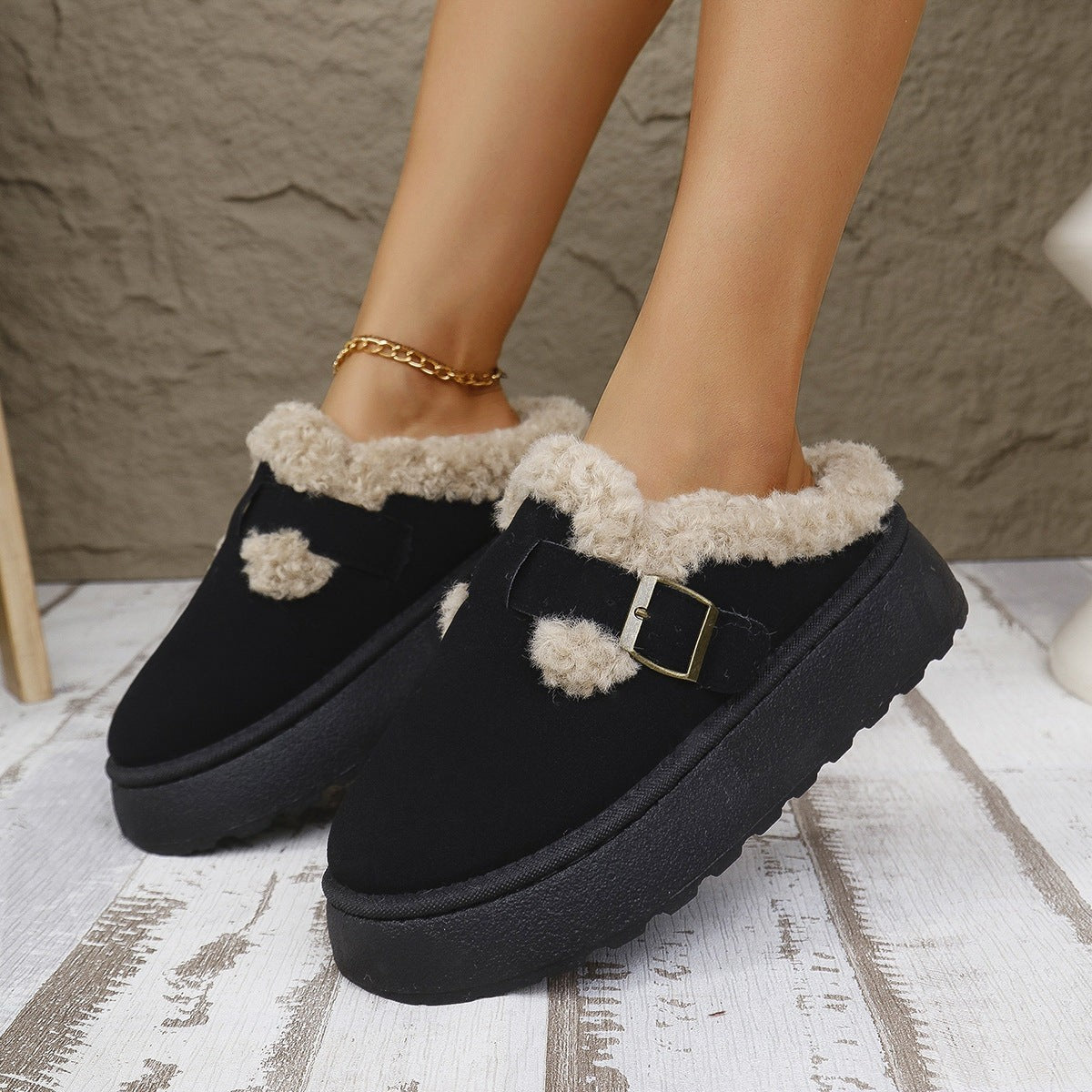 Platform slipper boots for women featuring a plush lining, available in khaki, brown, or black, with a stylish suede-look and ankle height design. 2