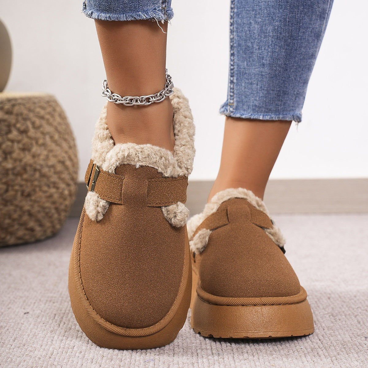 Platform slipper boots for women featuring a plush lining, available in khaki, brown, or black, with a stylish suede-look and ankle height design. 3