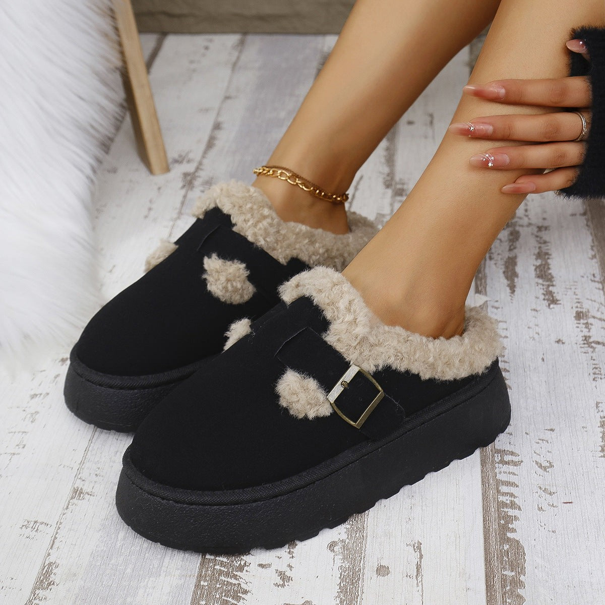 Platform slipper boots for women featuring a plush lining, available in khaki, brown, or black, with a stylish suede-look and ankle height design. 4