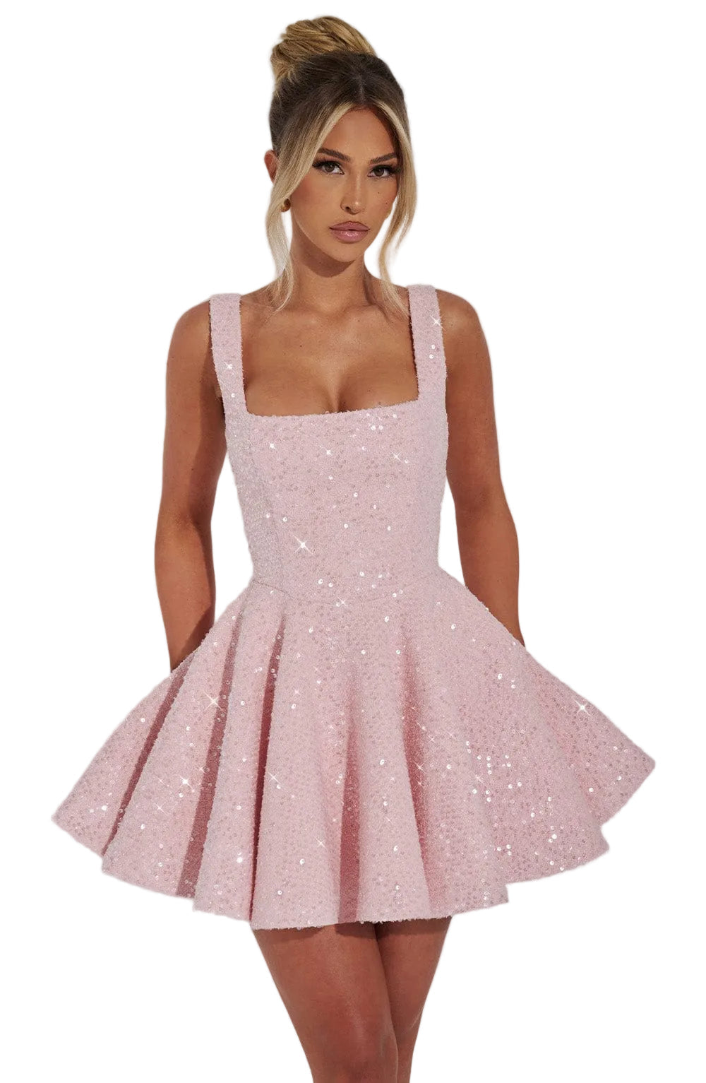 Sequin mini dress with flared skirt and back bow detail, perfect for wedding guests and cocktail parties. 1
