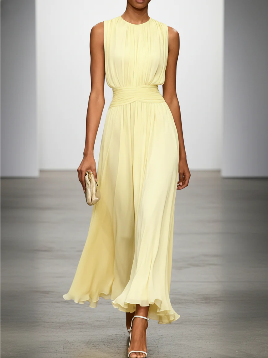 Sleeveless maxi dress featuring a ruched bodice and a flowing A-line skirt, perfect for elegant occasions and casual outings for women. 1