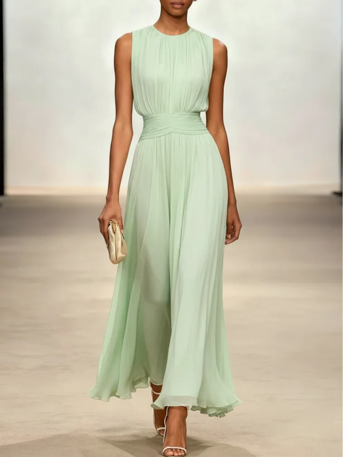 Sleeveless maxi dress featuring a ruched bodice and a flowing A-line skirt, perfect for elegant occasions and casual outings for women. 3