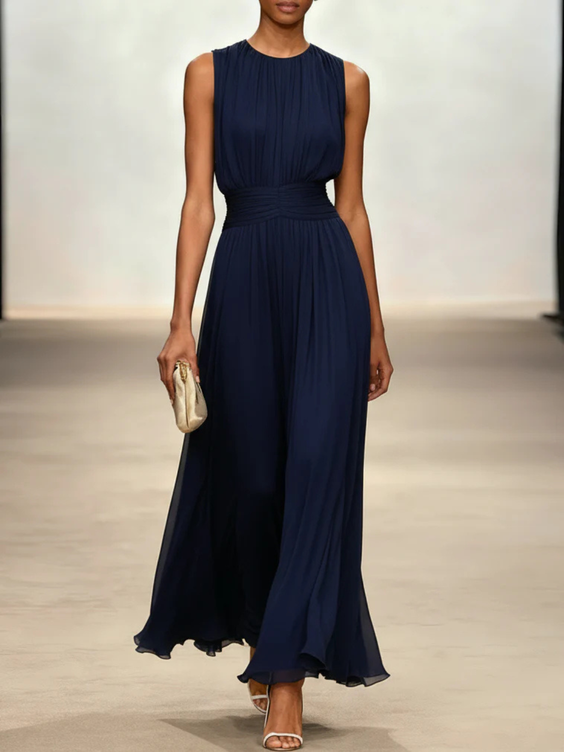Sleeveless maxi dress featuring a ruched bodice and a flowing A-line skirt, perfect for elegant occasions and casual outings for women. 5