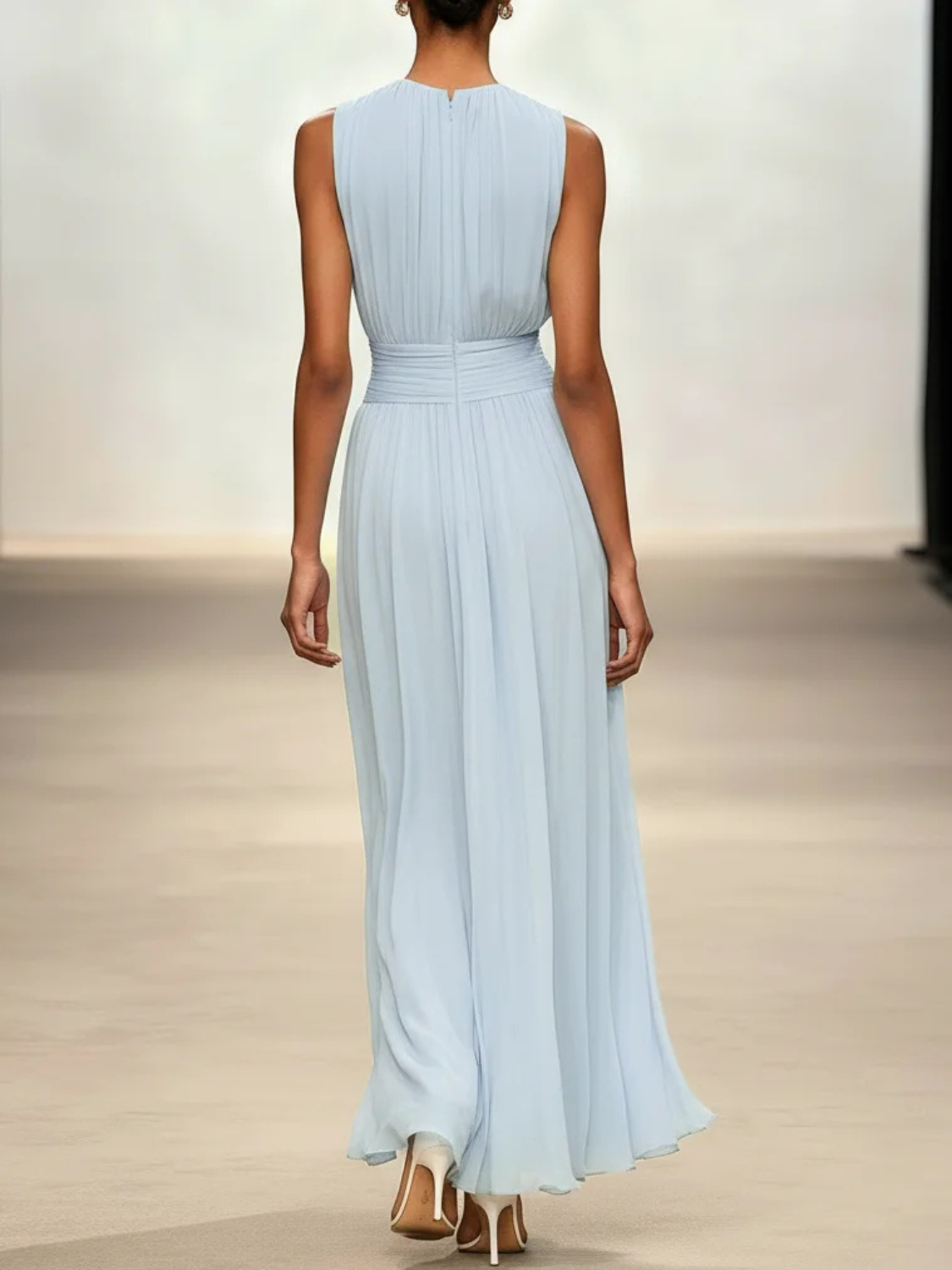Sleeveless maxi dress featuring a ruched bodice and a flowing A-line skirt, perfect for elegant occasions and casual outings for women. 6