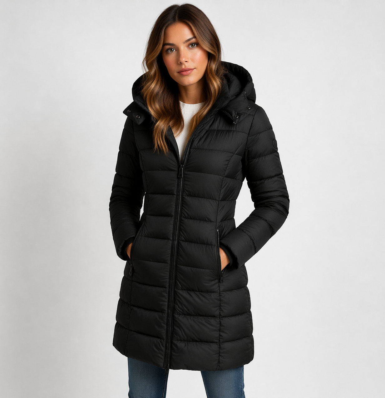 Women's black puffer jacket with hood, featuring lightweight insulation and mid-thigh length, perfect for winter wear. 0